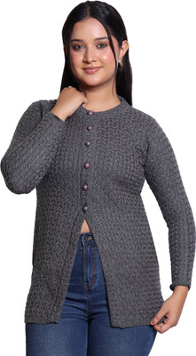 Varenyam Self Design Ruffle Neck Casual Women Grey Sweater