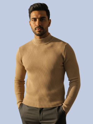 PEAK MOUNT Solid High Neck Casual Men Brown Sweater