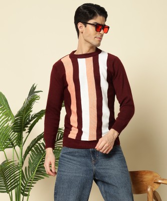 TWOCRAZIIE Striped Round Neck Casual Men Maroon Sweater