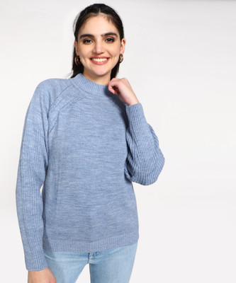 NUMERO UNO Self Design High Neck Casual Women Light Blue Sweater