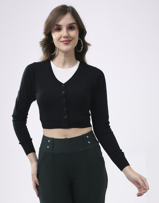 MONTE CARLO Self Design V Neck Casual Women Black Sweater