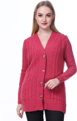 NOQUO Self Design V Neck Casual Women Pink Sweater