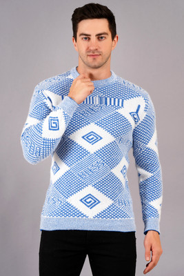 AXOLOTL Geometric Print Round Neck Casual Men Blue, White Sweater