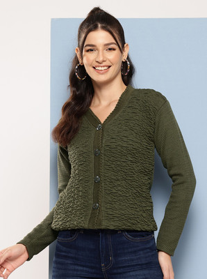 METRONAUT Solid V Neck Casual Women Green Sweater