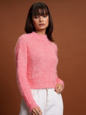 Tokyo Talkies Self Design High Neck Casual Women Pink Sweater