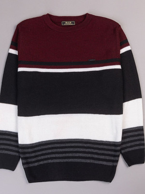 WAY TO TRENDY Striped Round Neck Casual Men Maroon Sweater