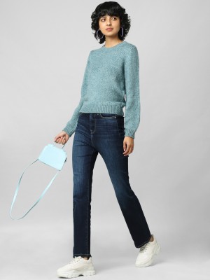 ONLY Woven Round Neck Casual Women Blue Sweater