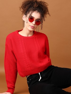 V-MART Self Design Round Neck Casual Women Red Sweater