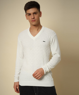 HELL BOUND Self Design V Neck Casual Men White Sweater