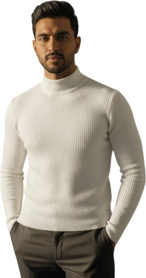 PEAK MOUNT Solid High Neck Casual Men White Sweater