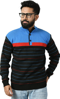 manra Colorblock Turtle Neck Casual Men Light Blue, Black Sweater