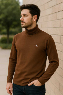 KNOTRIX Solid High Neck Casual Men Brown Sweater