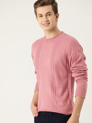 Mast & Harbour Solid Round Neck Casual Men Pink Sweater