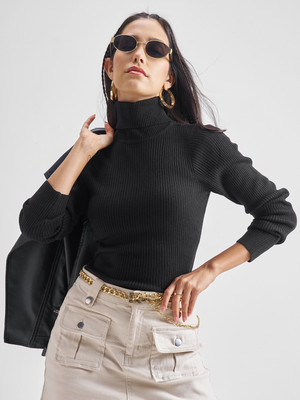 Tokyo Talkies Solid Turtle Neck Casual Women Black Sweater