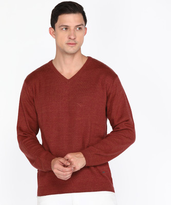 PARK AVENUE Solid V Neck Casual Men Red Sweater