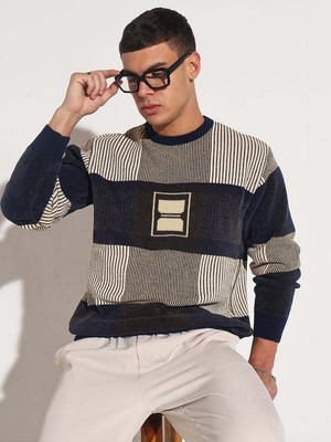 SHOWOFFFF Striped Round Neck Casual Men Dark Blue Sweater