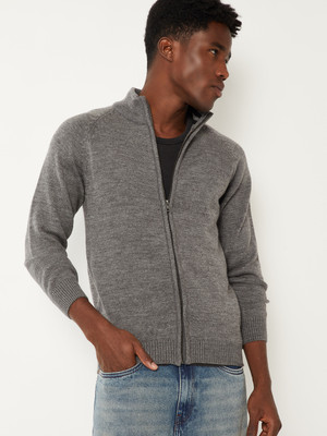 MAX Self Design Mandarin Neck Casual Men Grey Sweater