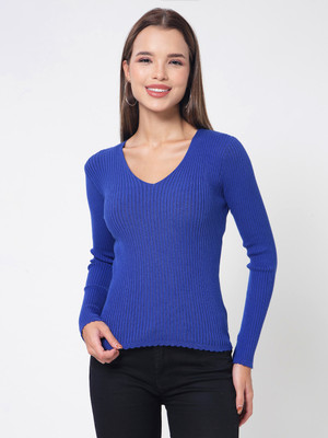 KALT Self Design V Neck Casual Women Dark Blue Sweater