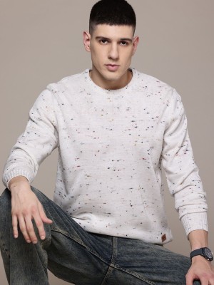 Roadster Self Design Round Neck Casual Men White Sweater