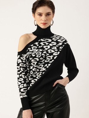 bebe Self Design, Floral Print Turtle Neck Casual Women Black Sweater