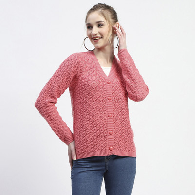 MADAME Solid, Self Design V Neck Casual Women Pink Sweater