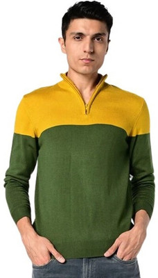 Super Weston Trend Solid Collared Neck Casual Men Green, Yellow Sweater