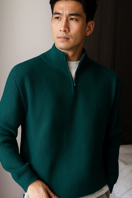 ColorChakra Self Design High Neck Casual Men Dark Green Sweater