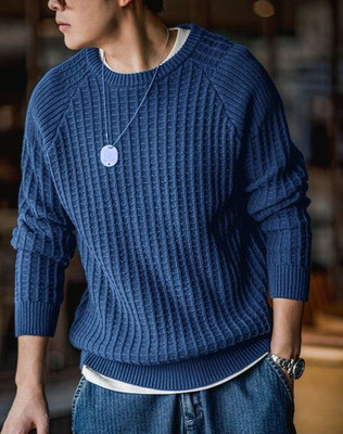 HouseOfCommon Self Design Round Neck Casual Men Blue Sweater