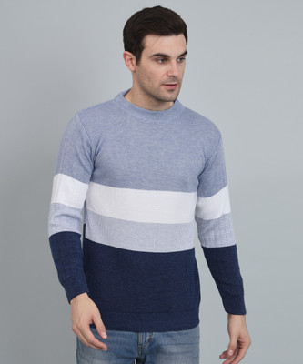 WILLEY Striped Round Neck Casual Men Blue, White Sweater