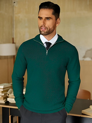 TYSORT Solid Collared Neck Casual Men Dark Green Sweater