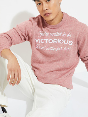 MAX Self Design Round Neck Casual Men Pink Sweater