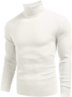 HouseOfCommon Self Design High Neck Casual Men White Sweater