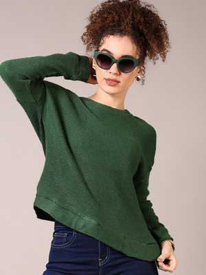 V-MART Solid, Self Design Crew Neck Casual Women Green Sweater