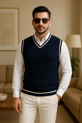 MEAVYIL Self Design V Neck Casual Men Black Sweater