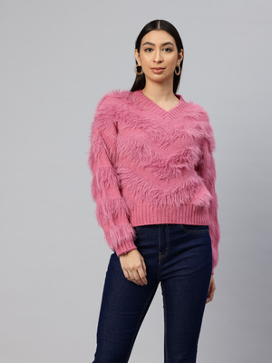PIERRE CARLO Self Design V Neck Casual Women Pink Sweater
