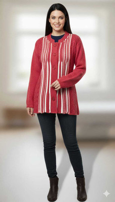 Zeevika Self Design Round Neck Party Women Maroon, White Sweater