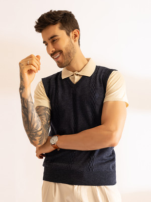 ARMISTO Self Design V Neck Party Men Dark Blue Sweater