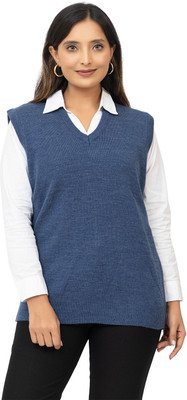 Louis Carlo Solid V Neck Formal Women Blue Sweater