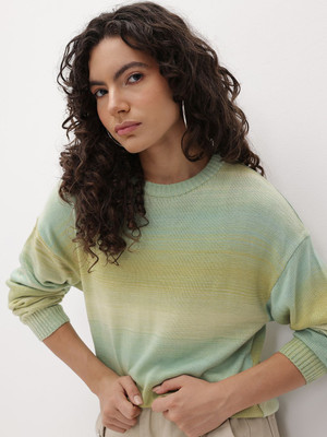 Roadster Self Design Round Neck Casual Women Yellow Sweater