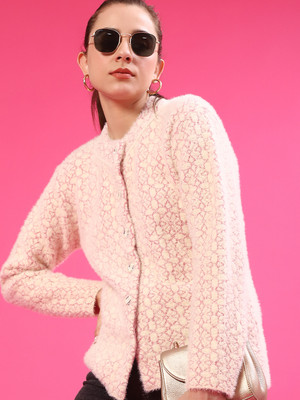 V-MART Embroidered Round Neck Casual Women Pink Sweater