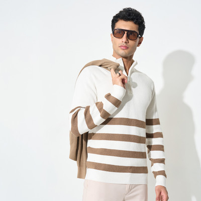 Peregrine by Pantaloons Striped High Neck Casual Men Brown Sweater