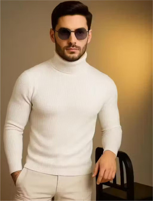 At Last Fashion Solid High Neck Casual Men White Sweater