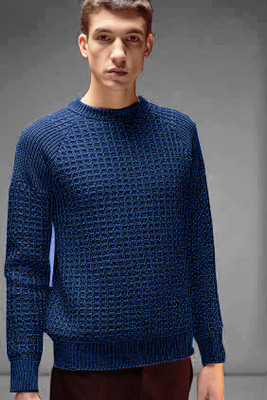 HouseOfCommon Self Design Round Neck Casual Men Blue Sweater
