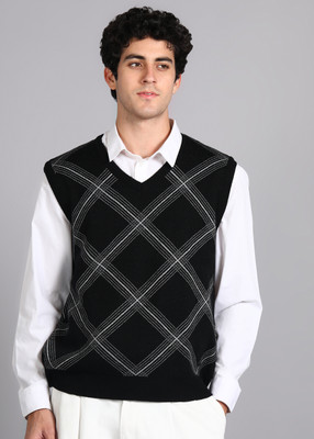 PARK AVENUE Self Design V Neck Casual Men Black Sweater