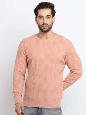 Status Quo Self Design Round Neck Casual Men Pink Sweater