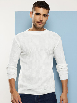 Roadster Self Design Round Neck Casual Men White Sweater