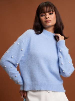 Tokyo Talkies Solid High Neck Casual Women Blue Sweater