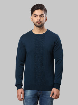 Raymond Self Design Round Neck Casual Men Dark Blue Sweater