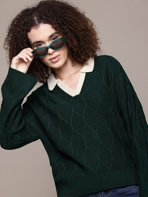 Roadster Self Design Collared Neck Casual Women Green Sweater