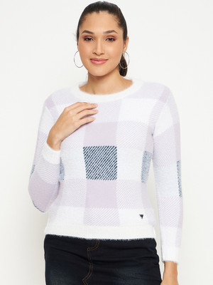 DUKE Self Design Round Neck Casual Women Purple, White Sweater